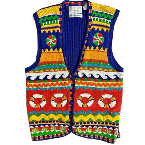 Marisa Christina ~ Large ~ Hand Knitted ~ Orange/Yellow/Blue ~ Ocean/Fish ~ Vest - Picture 2 of 16